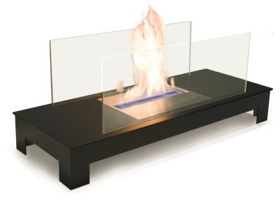 Floor Flame Ethanol Kamin: Schwarzer Tischkamin mit Flamme und Glasscheiben für den Innenbereich.
